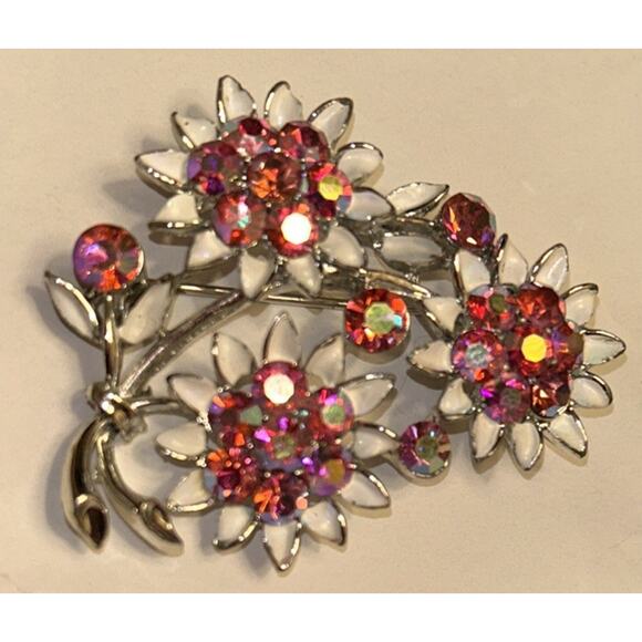 Vintage Lisner Brooch Aurora Borealis Stones Flower Bouquet silver enamel sign - Picture 4 of 5